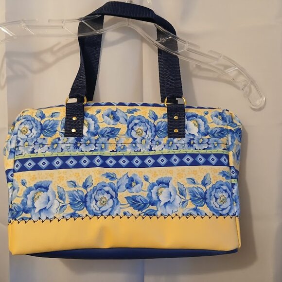 New Blue Yellow Roses Floral Satchel Purse Handbag Vibrant Country Chic Vinyl - Picture 9 of 10